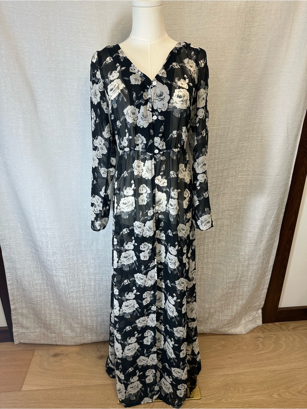 Urban Modesty Whimsigoth, Cottagecore, Black & White Floral V‑Neck Maxi Dress